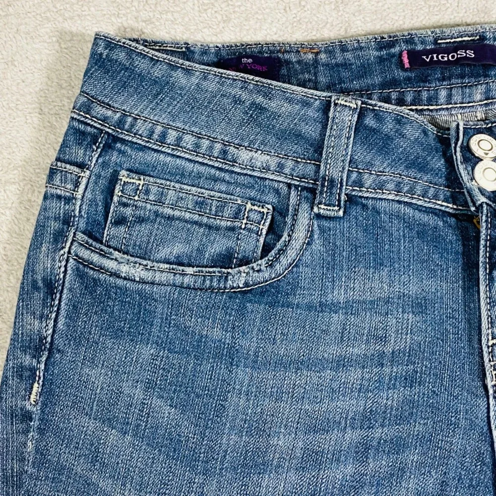 Vigoss Flare Jeans Women 9 Blue Distressed Paint Splatter Embroidered Low‎ Rise
